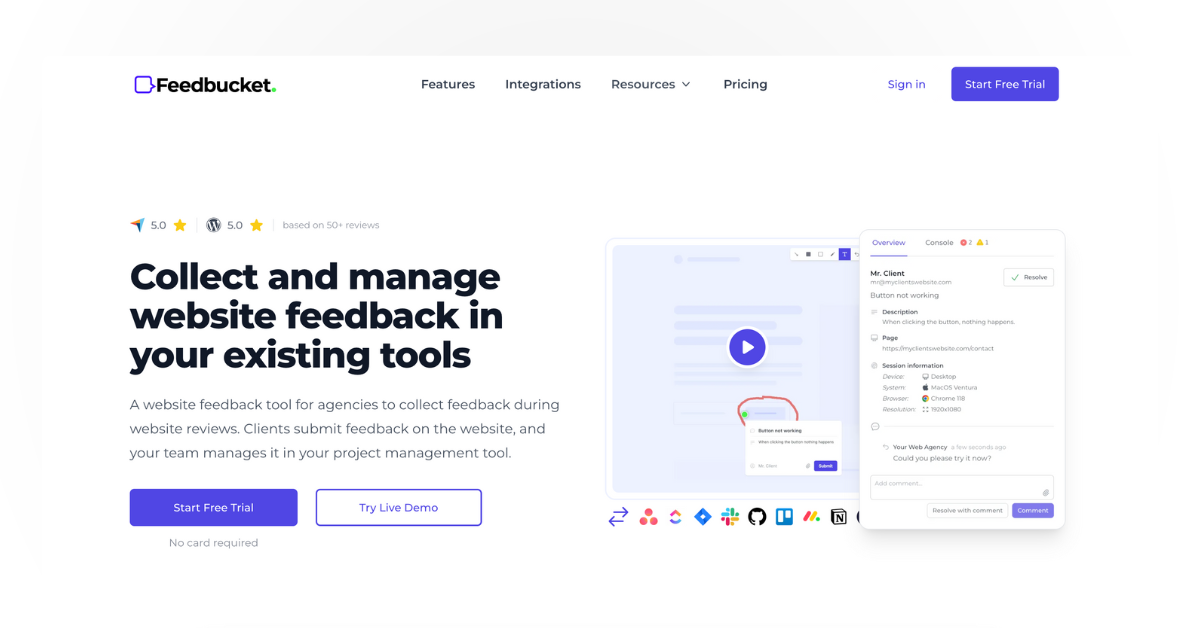 Feedbucket feedback tool for web designers and developers, showing feedback collection – a simple Marker.io alternative for small teams.