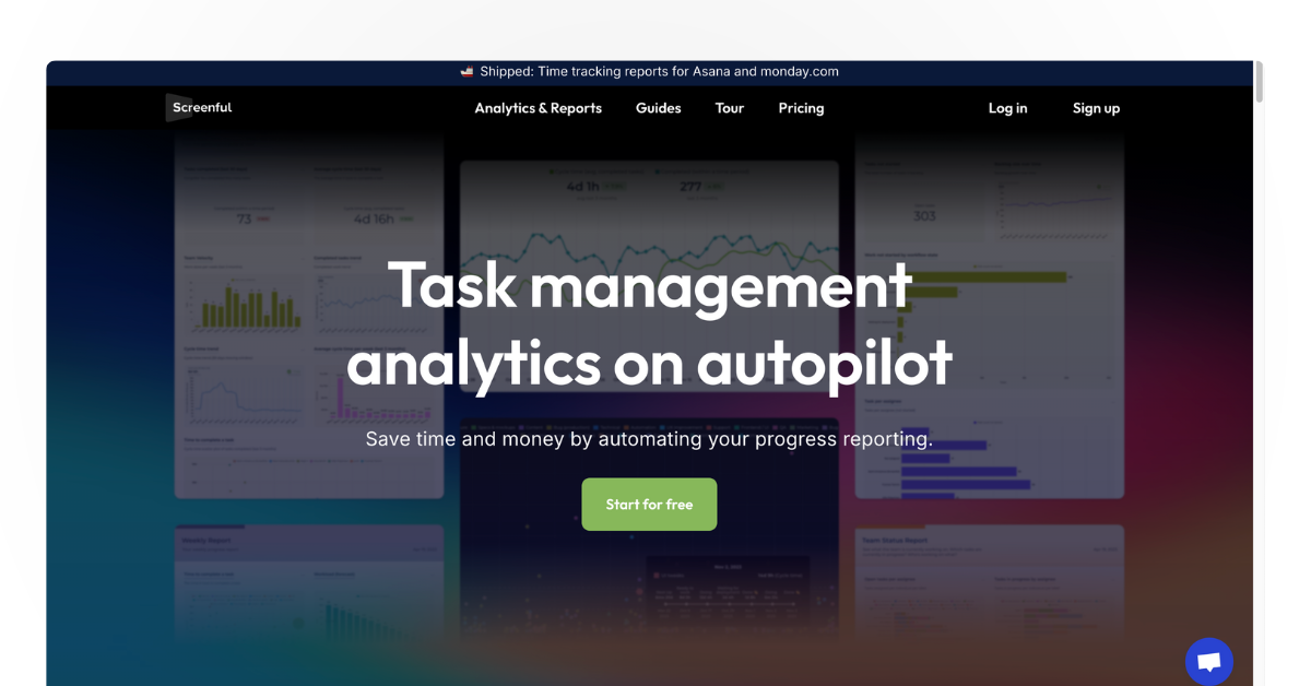 Screenful reporting dashboard, displaying progress tracking for Trello and Jira – a Marker.io alternative focused on project reporting."