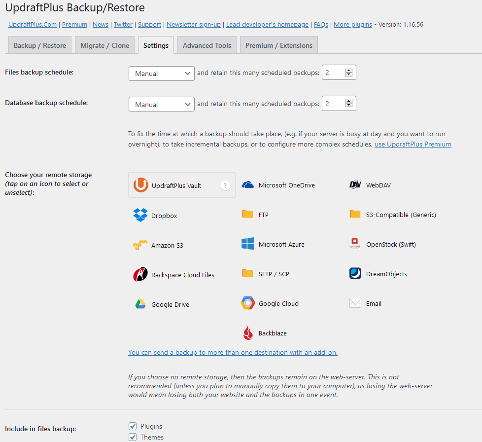 UpdraftPlus plugin settings in WordPress