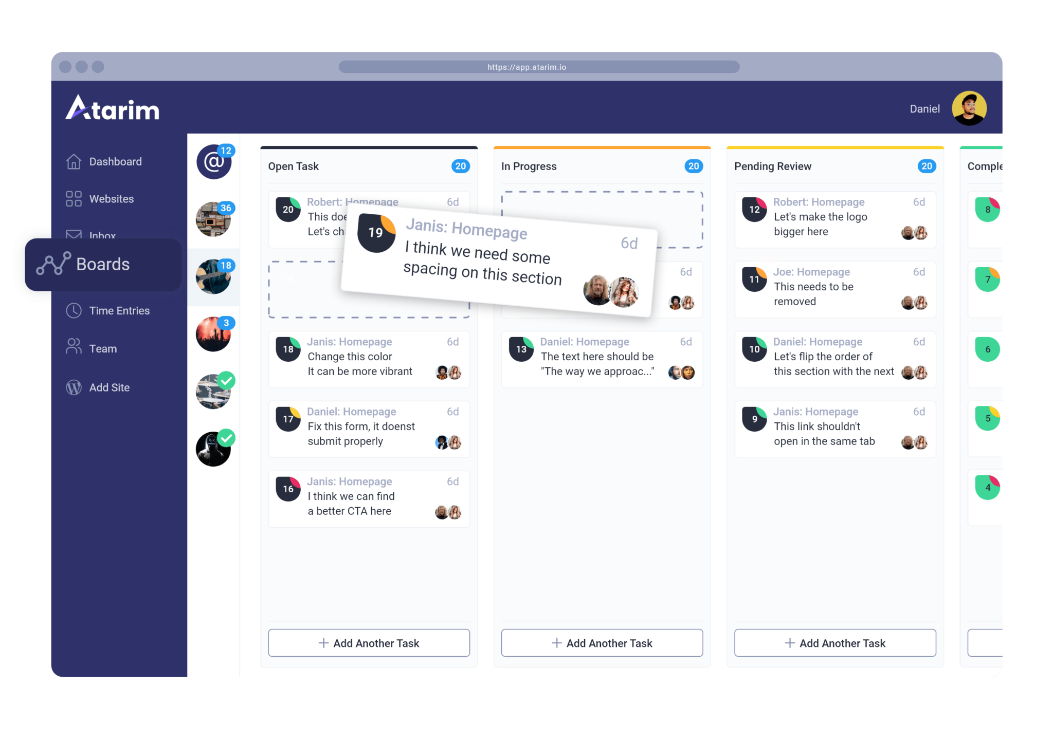 atarim's kanban boards for website project management
