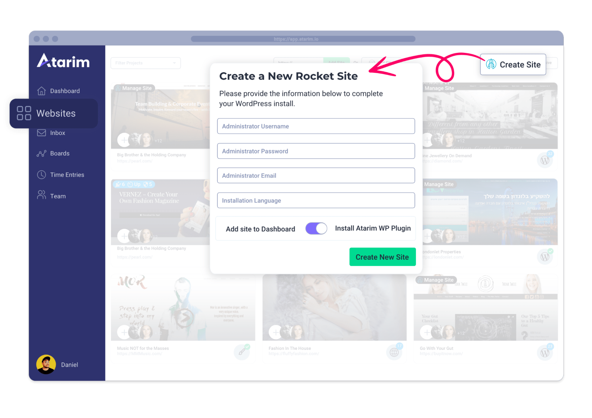 creating site instantly on rocket net through Atarim dashboard