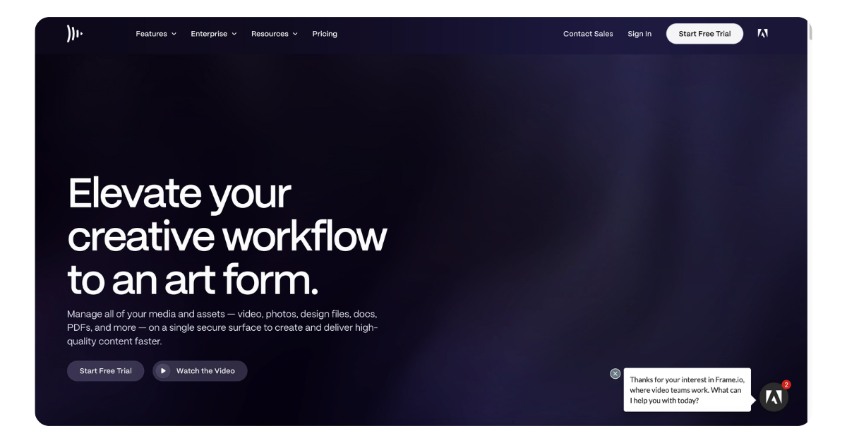 Frame.io creative review tool interface for secure video sharing and post-production collaboration.