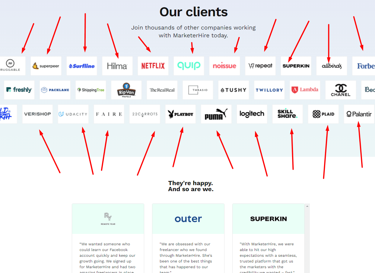 marketerhire social proof landing page design example