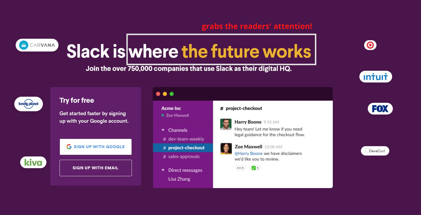 slack landing page design catchy headline