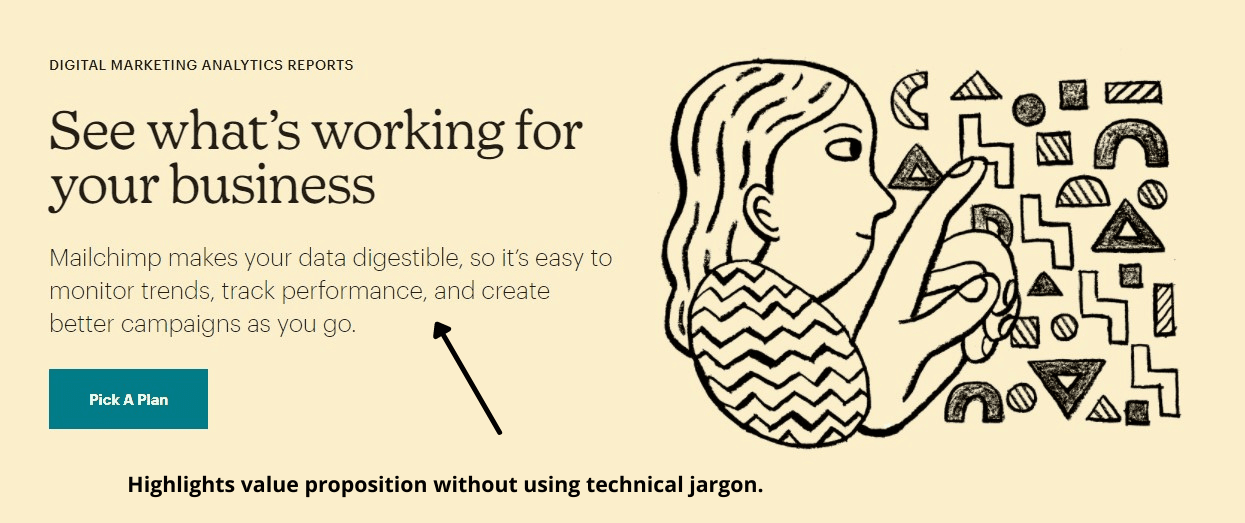 mailchimp well written copy example of landing page design