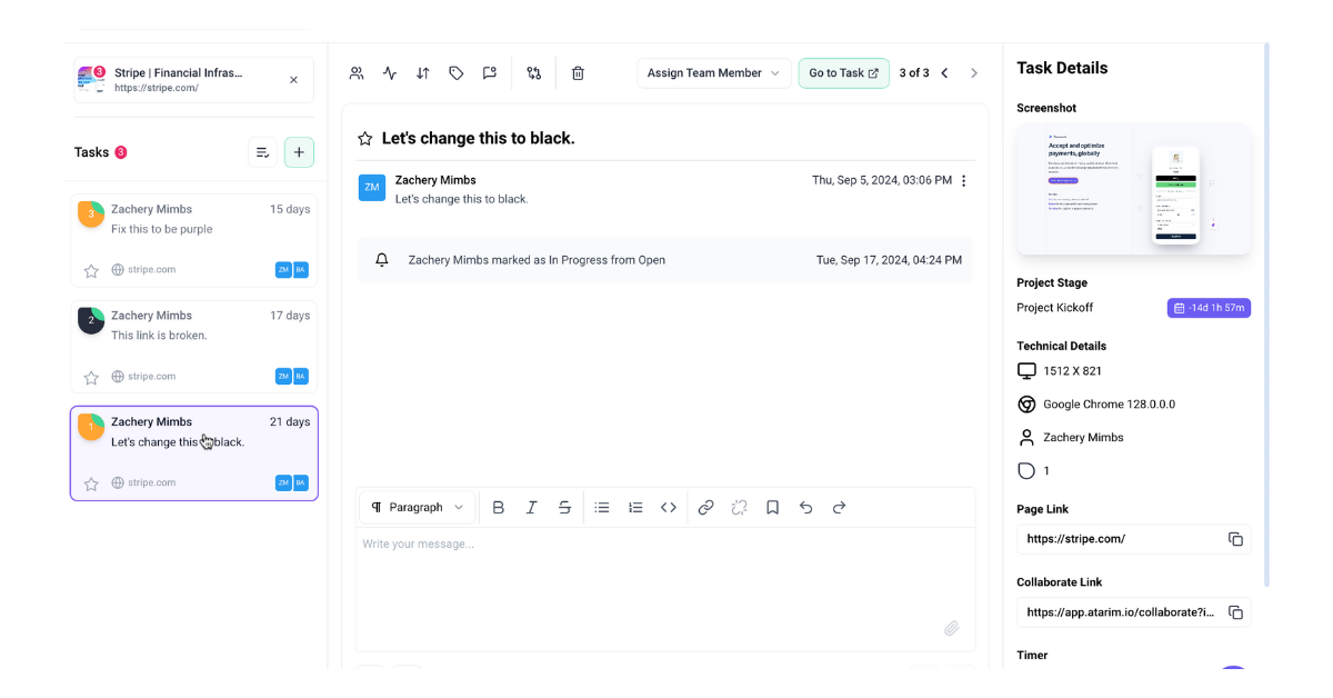 Atarim centralized dashboard for managing tasks, comments, and feedback, supporting a strong design feedback culture.