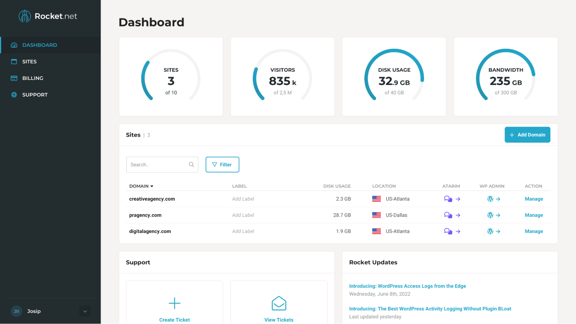 rocket net dashboard