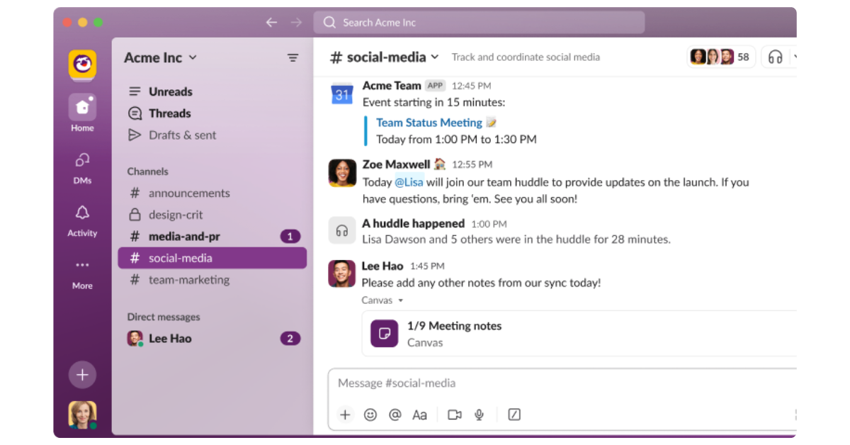 Slack communication and productivity tool for development teams with organized project channels
