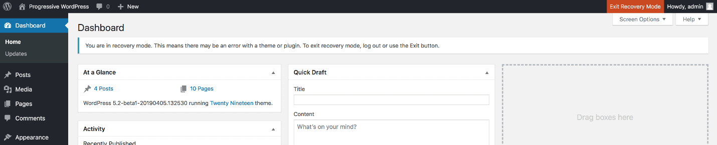 recovery mode dashboard to fix the wordpress white screen of death